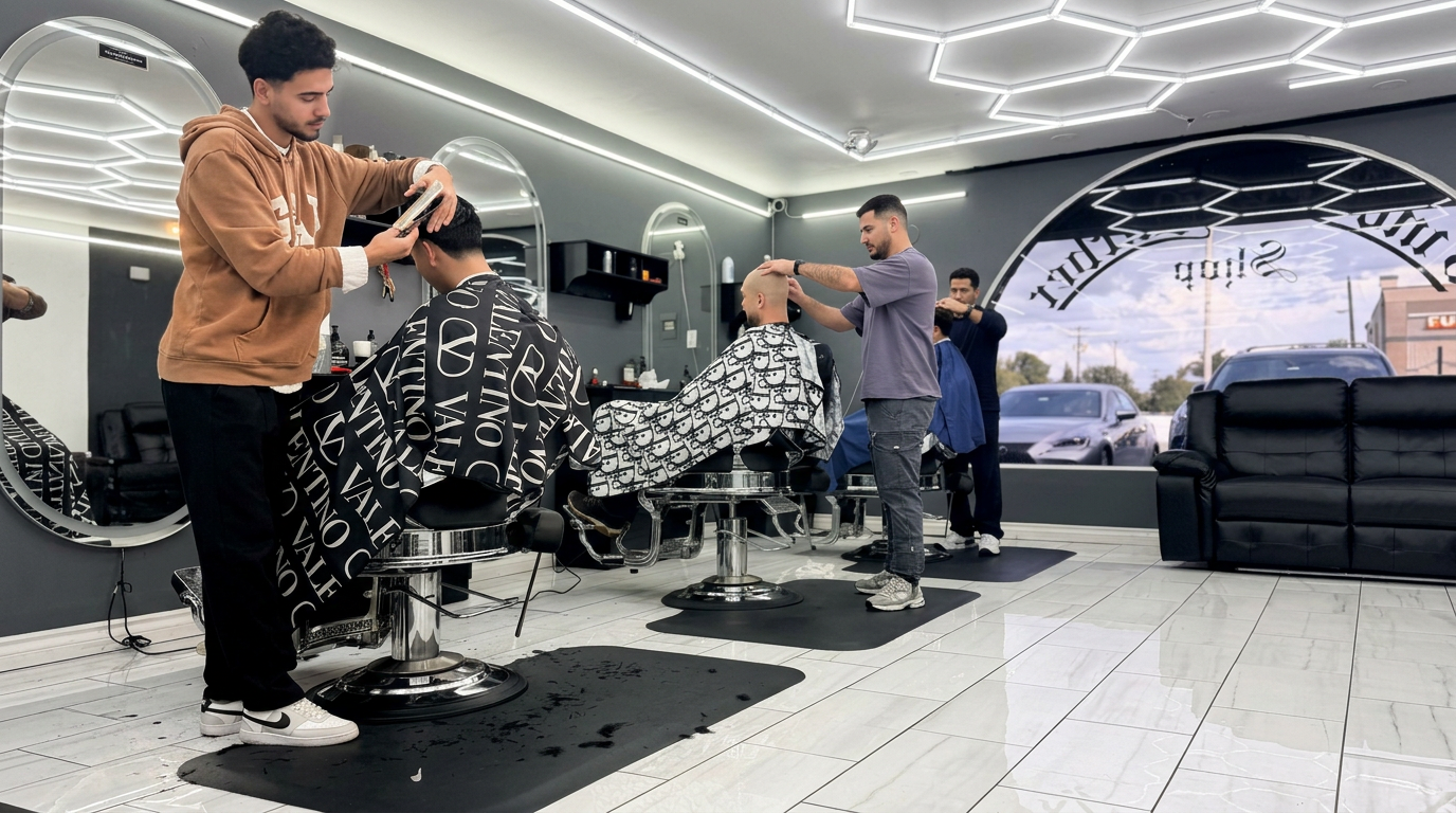 Omar's Barbershop chair under spotlight